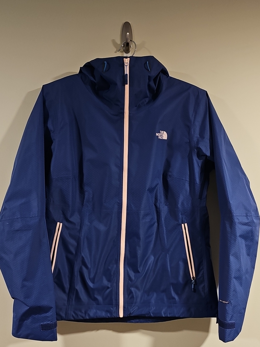 The North Face Navy Blue Hooded Rain Jacket with Light Pink Trim